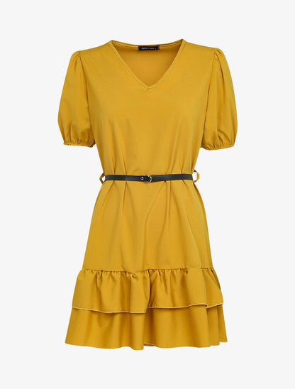 Robe courte unie à manches ballons et bord à basques - moutarde - 2