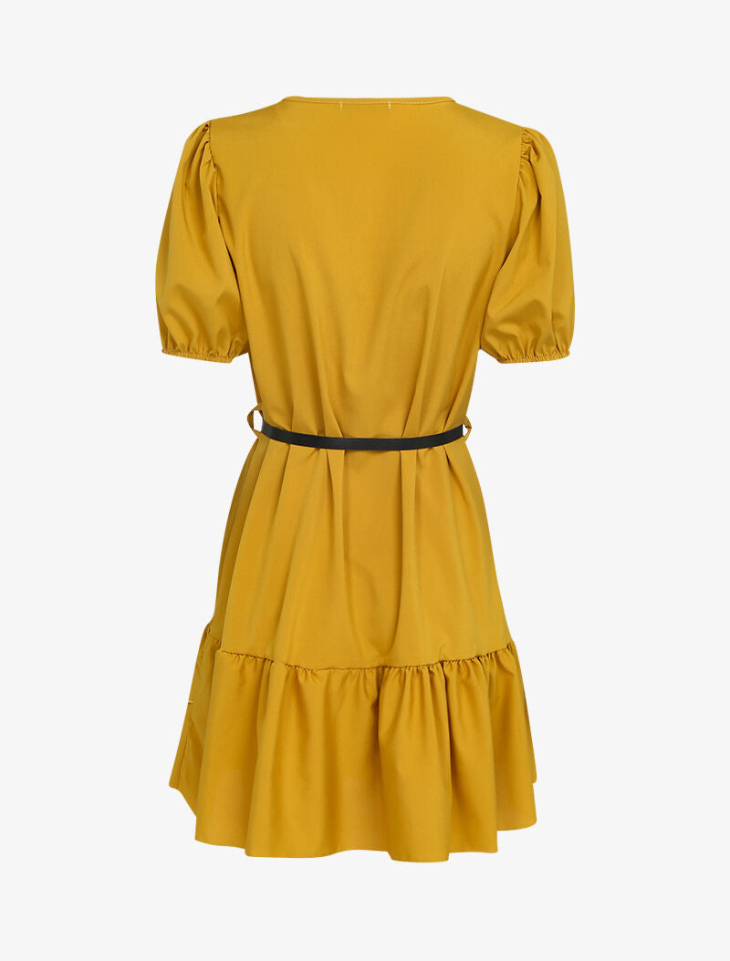 Robe courte unie à manches ballons et bord à basques - moutarde - 3