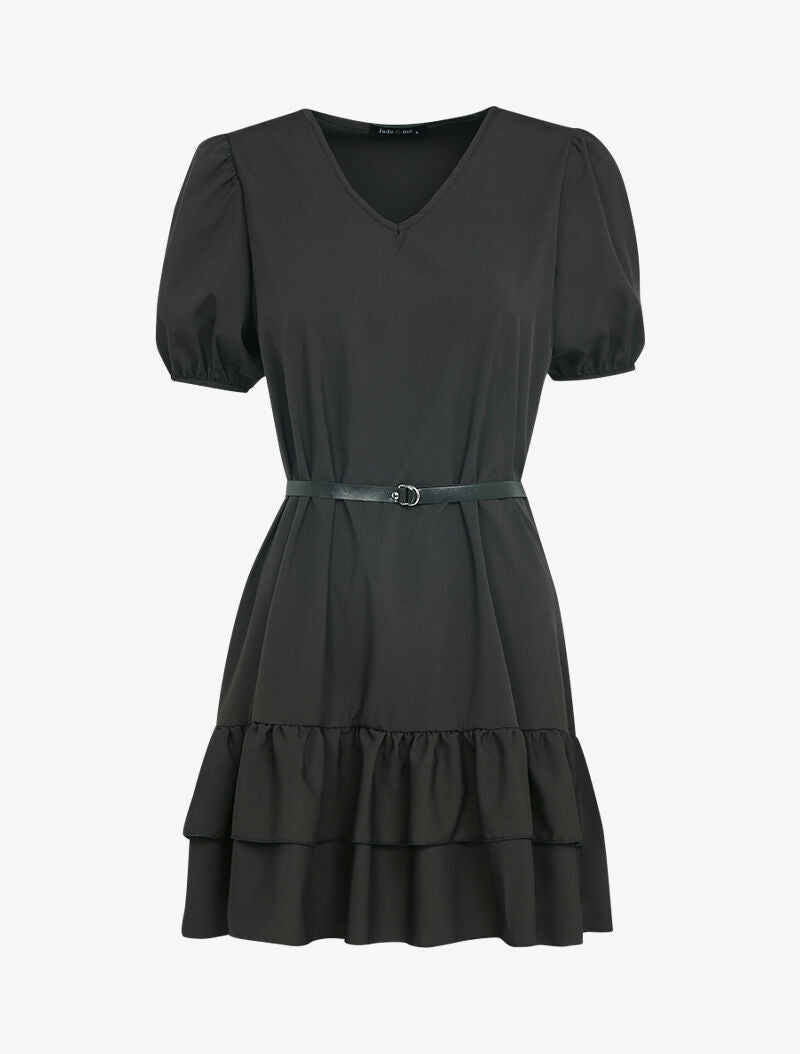 Robe courte unie à manches ballons et bord à basques - noir - 3