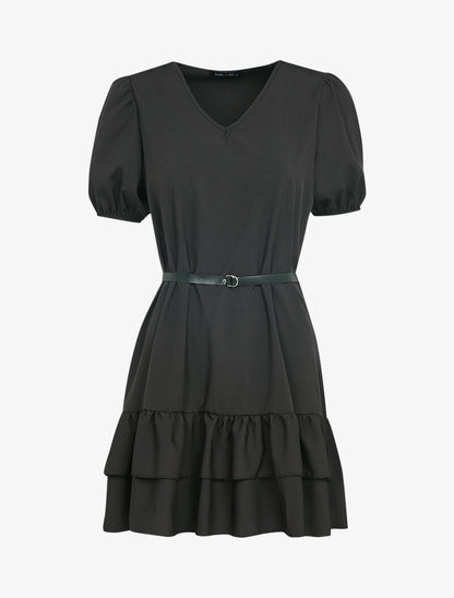 Robe courte unie à manches ballons et bord à basques - noir - 3