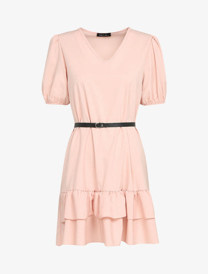 Robe courte unie à manches ballons et bord à basques - rose - 1