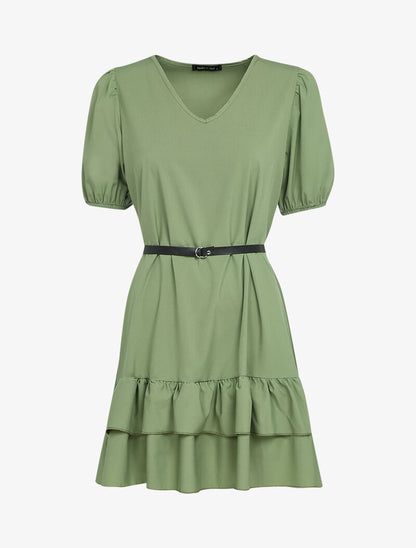 Robe courte unie à manches ballons et bord à basques - kaki - 3