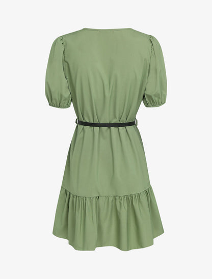 Robe courte unie à manches ballons et bord à basques - kaki - 2