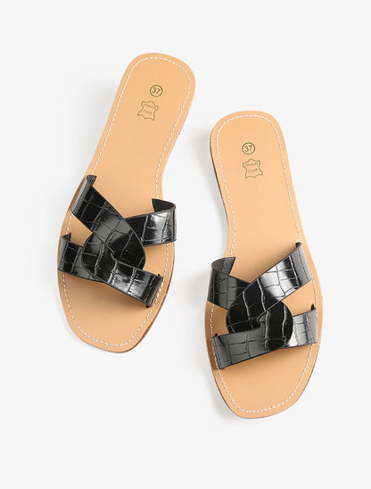 Claquettes à ganses croco entrelacées - noir - 5