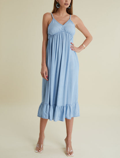 Robe mi longue à bas volanté - bleu ciel - 1