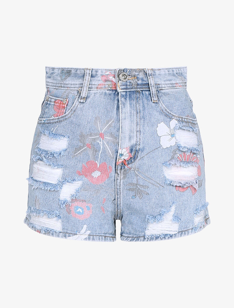 Mini short déchiré à imprimé floral - bleu ciel - 1