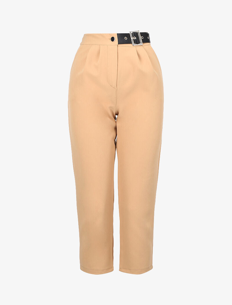 Pantacourt à ceinture simili - beige - 3