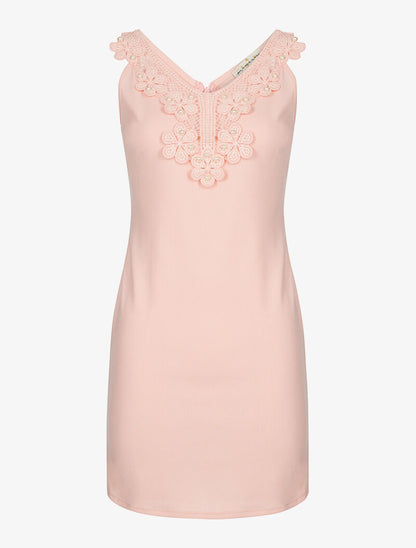 Robe plastron dentelle perlé - rose - 3