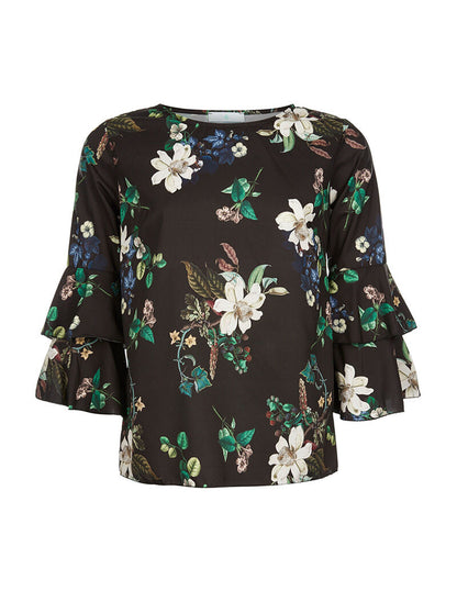Top imprimé fleuri manches volantées - noir