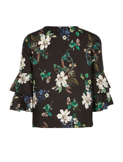 Top imprimé fleuri manches volantées - noir