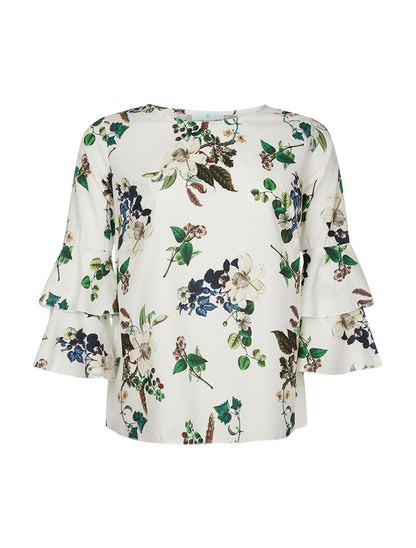 Top imprimé fleuri manches volantées - blanc