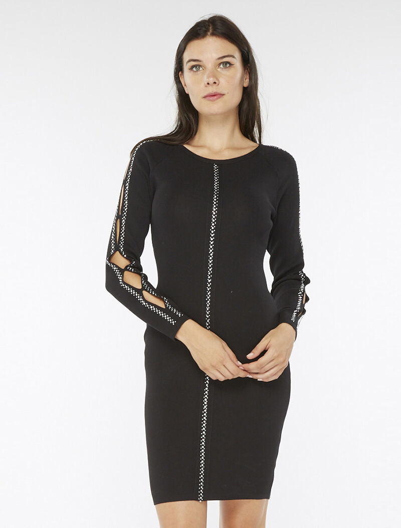 Robe-pull à manches ajourées et strass - noir - 4
