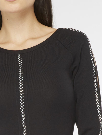 Robe-pull à manches ajourées et strass - noir - 5