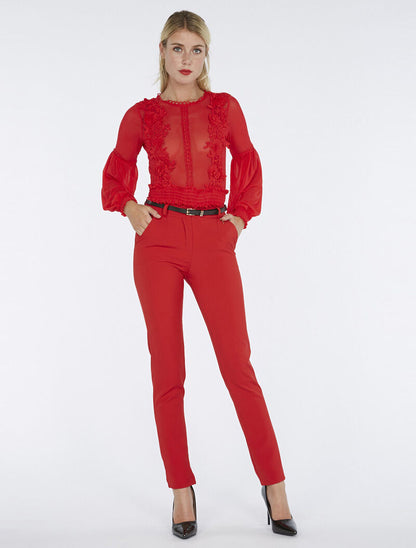 Pantalon détails bijoux doré - rouge - 4