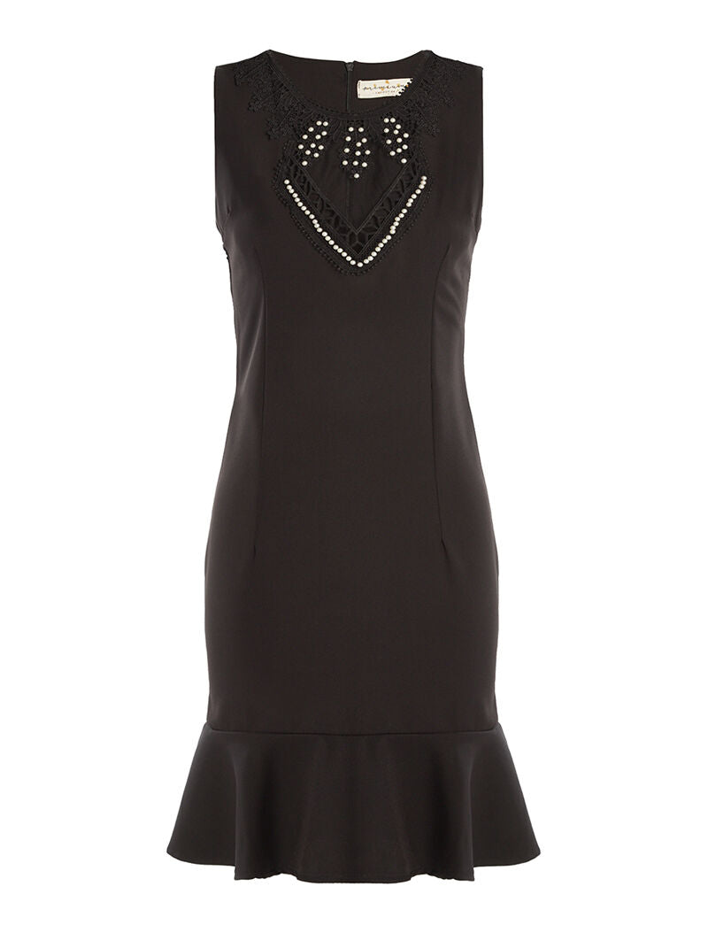 Robe décolleté en dentelle perlé - noir - 1