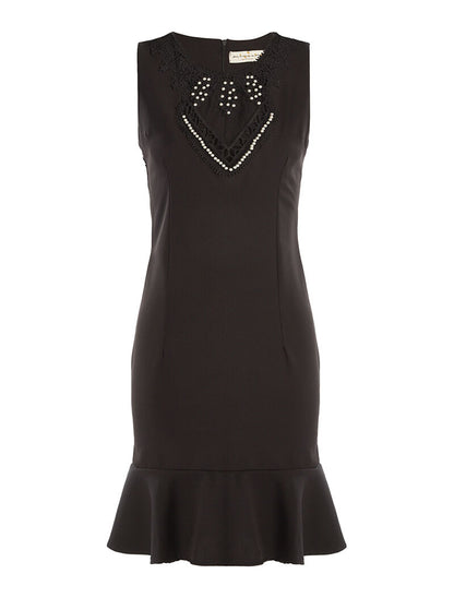 Robe décolleté en dentelle perlé - noir - 1