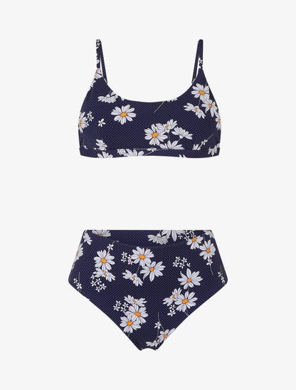 Bikini à imprimé pâquerettes et chouchou - Marine - 1
