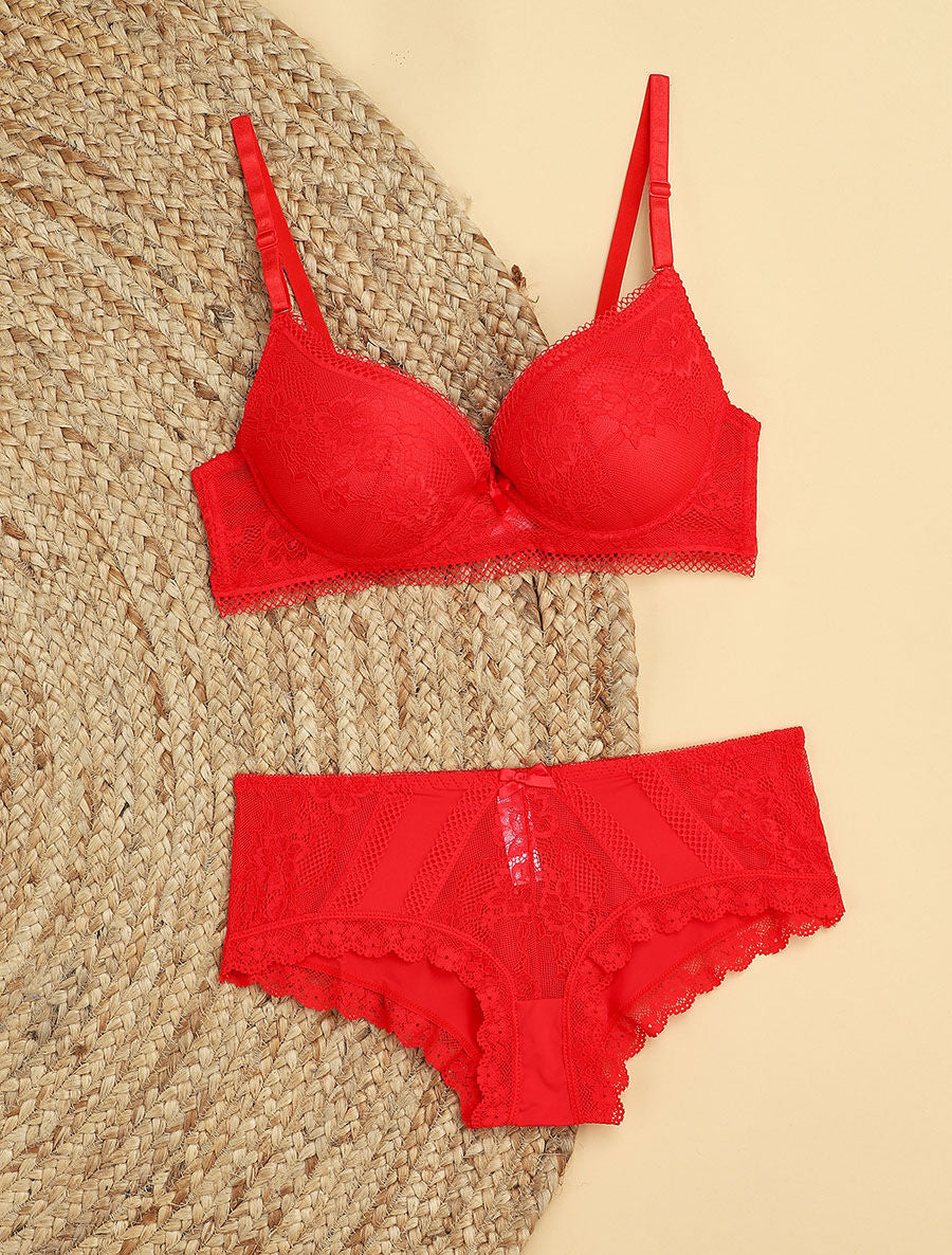 Ensemble à fine broderie fleurie et shorty - Rouge - 4