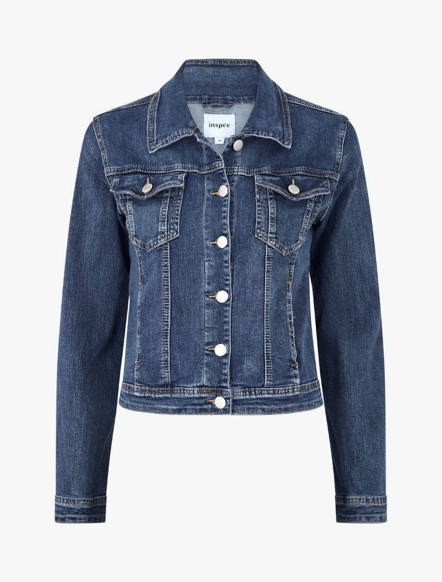Veste en jean coupe droite col à pied - Bleu