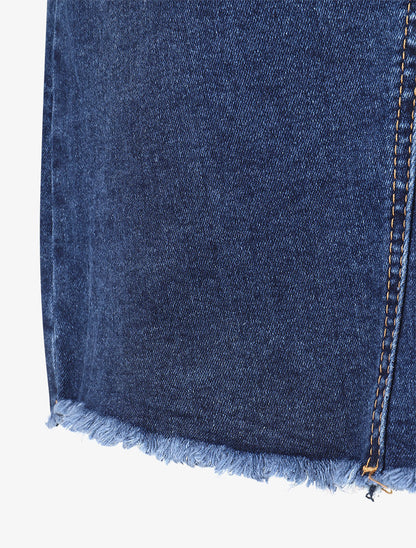 Jupe mi-longue à bords effilochés - Bleu - 3