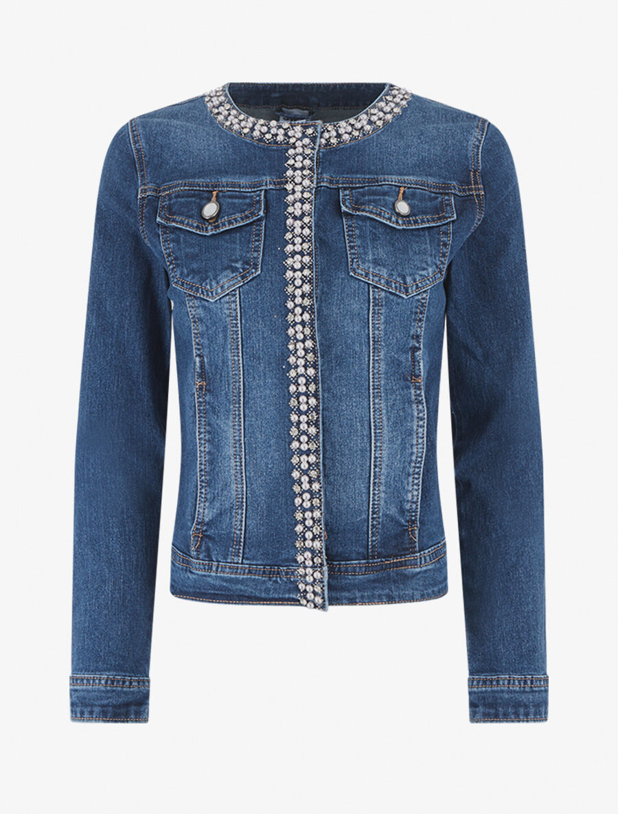 Veste en jean orné de perles et de strass - Bleu - 1