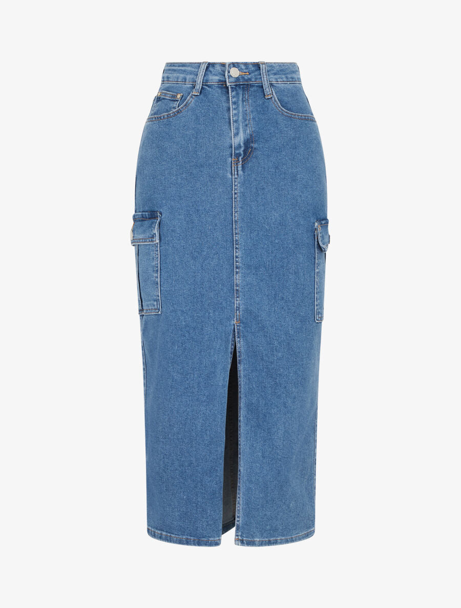 Jupe cargo midi en jean coupe droite - Bleu - 1