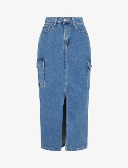 Jupe cargo midi en jean coupe droite - Bleu - 1