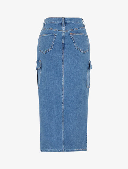 Jupe cargo midi en jean coupe droite - Bleu - 2