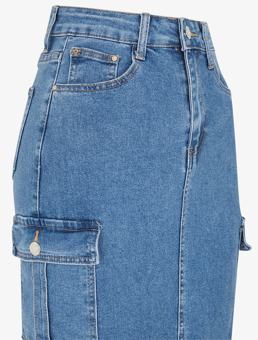 Jupe cargo midi en jean coupe droite - Bleu - 3