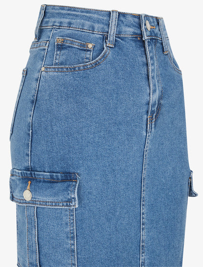 Jupe cargo midi en jean coupe droite - Bleu - 3