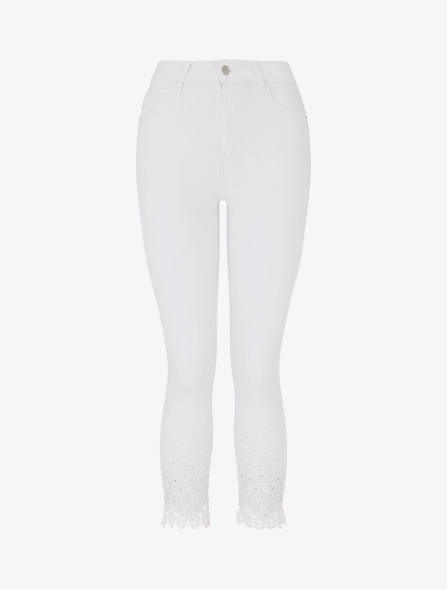 Jean slim taille haute bords à dentelle et strass - Blanc - 1