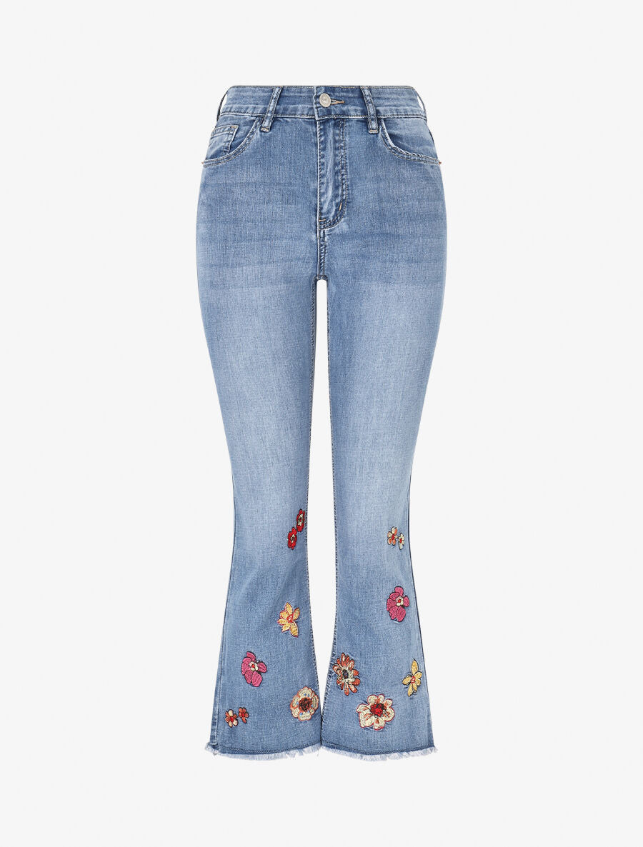 Jean flare taille haute à broderies fleuries - Bleu - 1