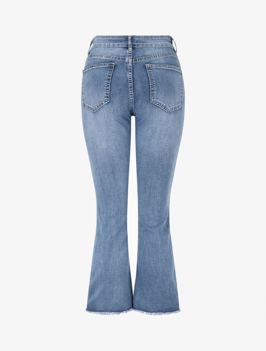 Jean flare taille haute à broderies fleuries - Bleu - 2