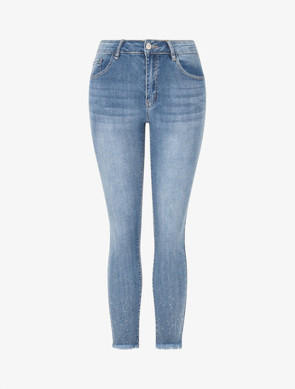 Jean skinny taille haute bords effilochés à strass - Bleu - 4
