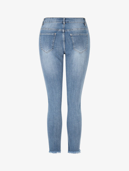 Jean skinny taille haute bords effilochés à strass - Bleu - 2