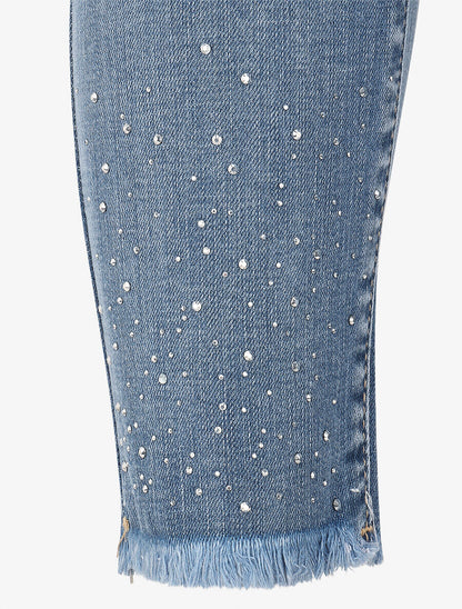 Jean skinny taille haute bords effilochés à strass - Bleu - 3