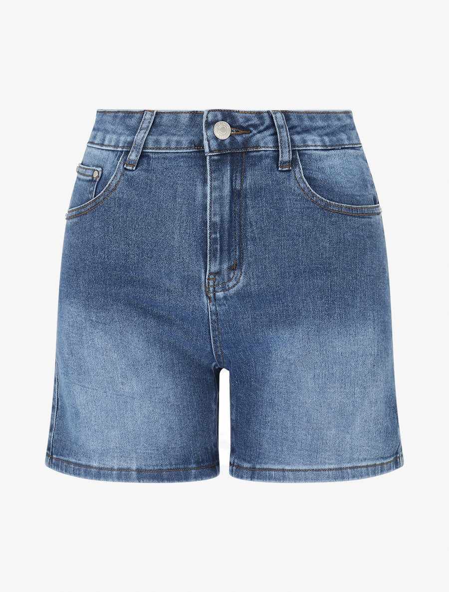 Short en jean taille haute délavé - Bleu - 1