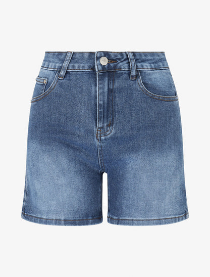 Short en jean taille haute délavé - Bleu - 1
