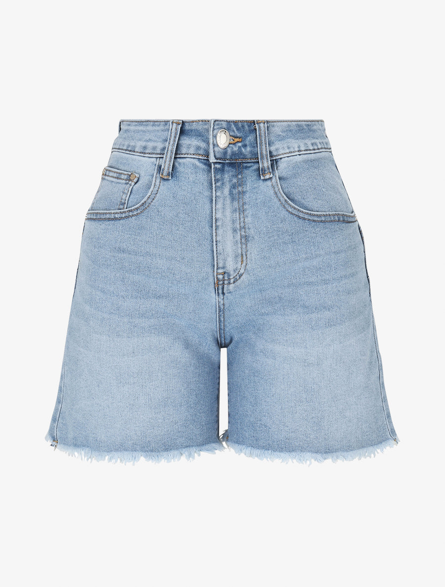 Short en jean taille haute à bords effilochés - Bleu clair - 1