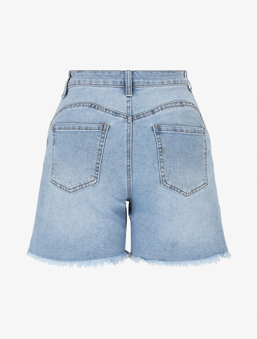 Short en jean taille haute à bords effilochés - Bleu clair - 2