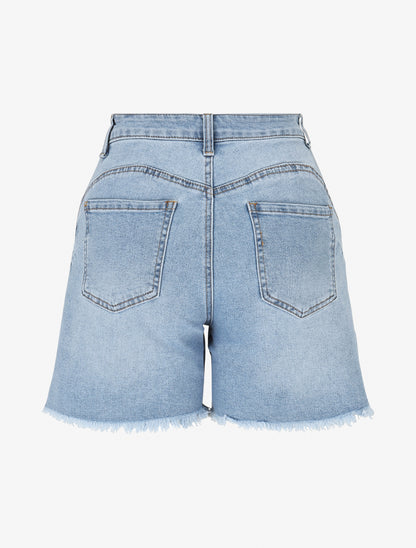 Short en jean taille haute à bords effilochés - Bleu clair - 2