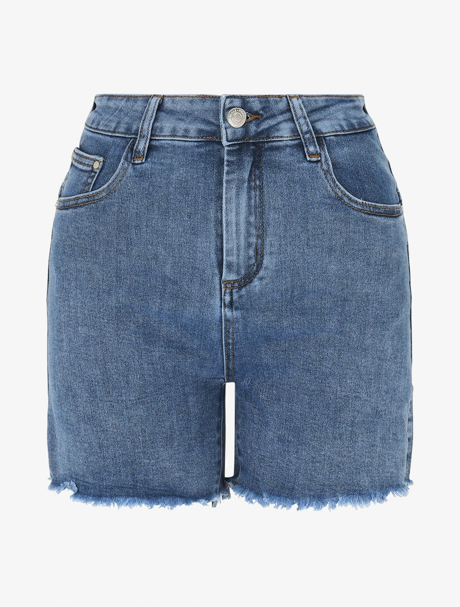 Short en jean à bords effilochés - Bleu - 1