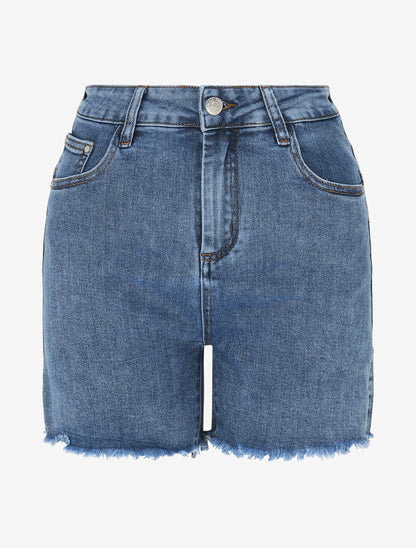 Short en jean à bords effilochés - Bleu - 1
