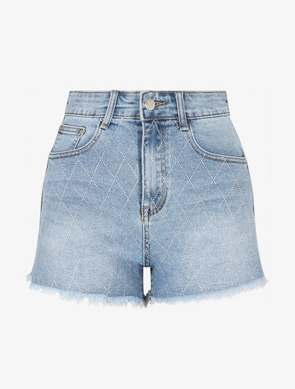 Short strassé à bords effilochés - Bleu - 1