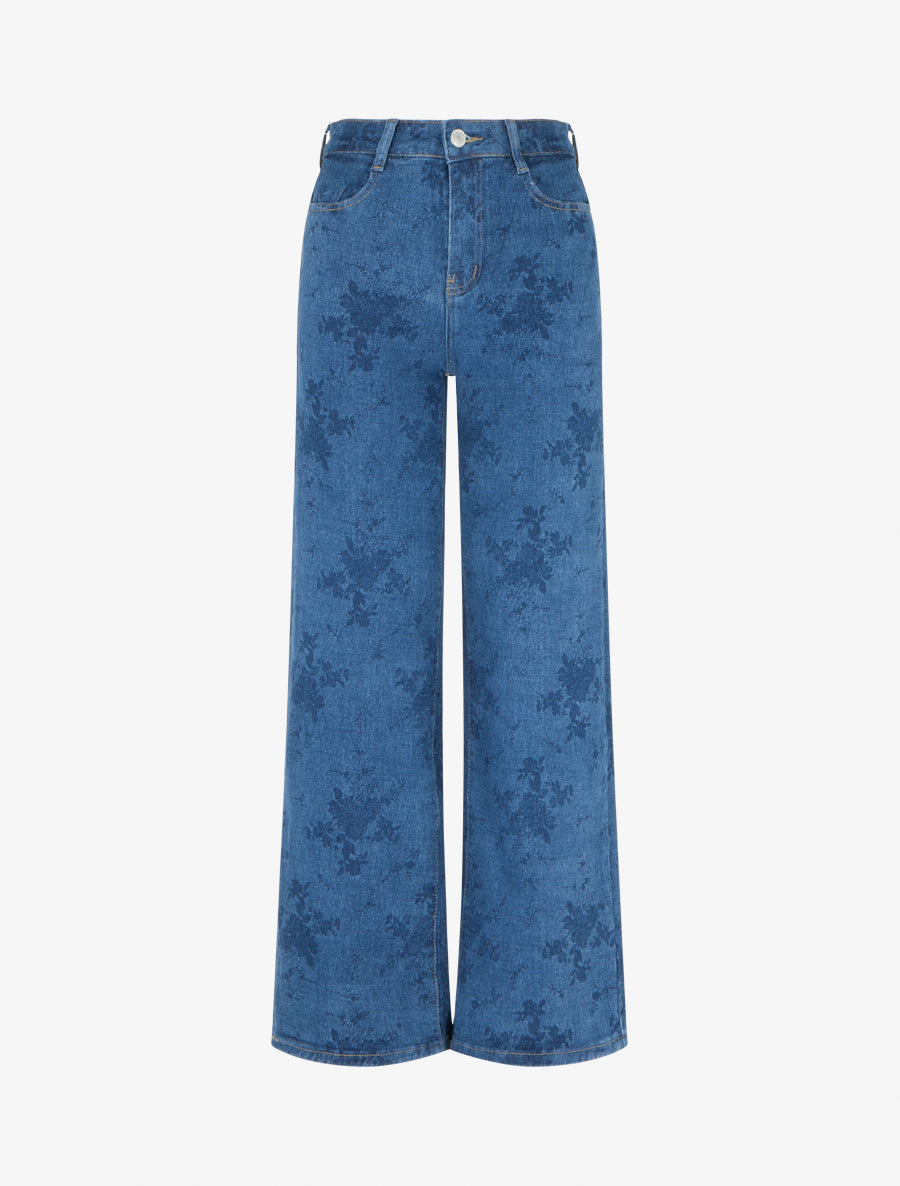 Jean droit taille standard à motif fleuri - Bleu - 1