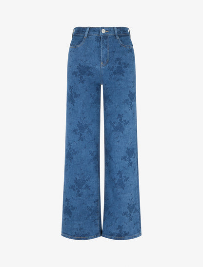 Jean droit taille standard à motif fleuri - Bleu - 1