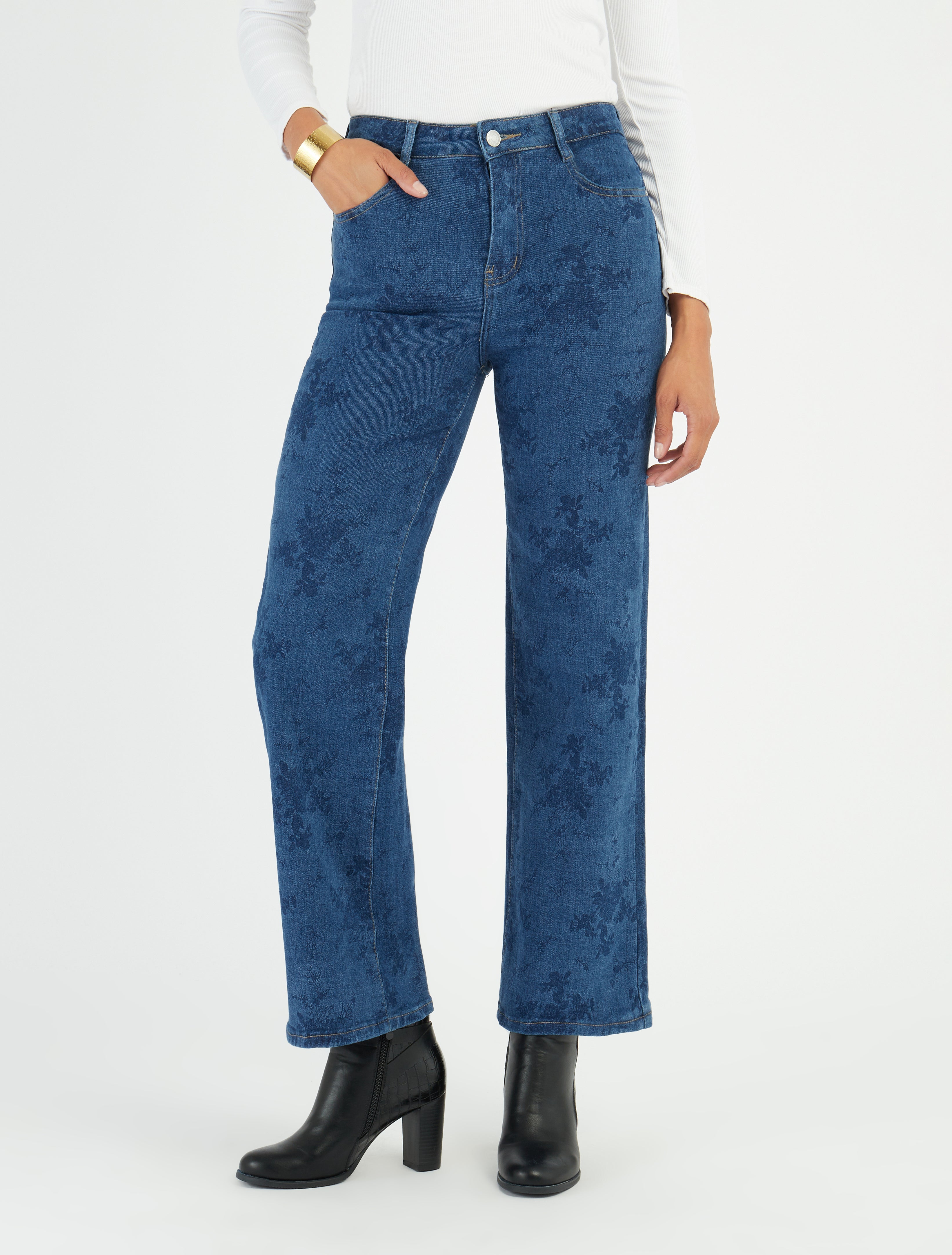 Jean droit à motif fleuri 5 poches - Bleu