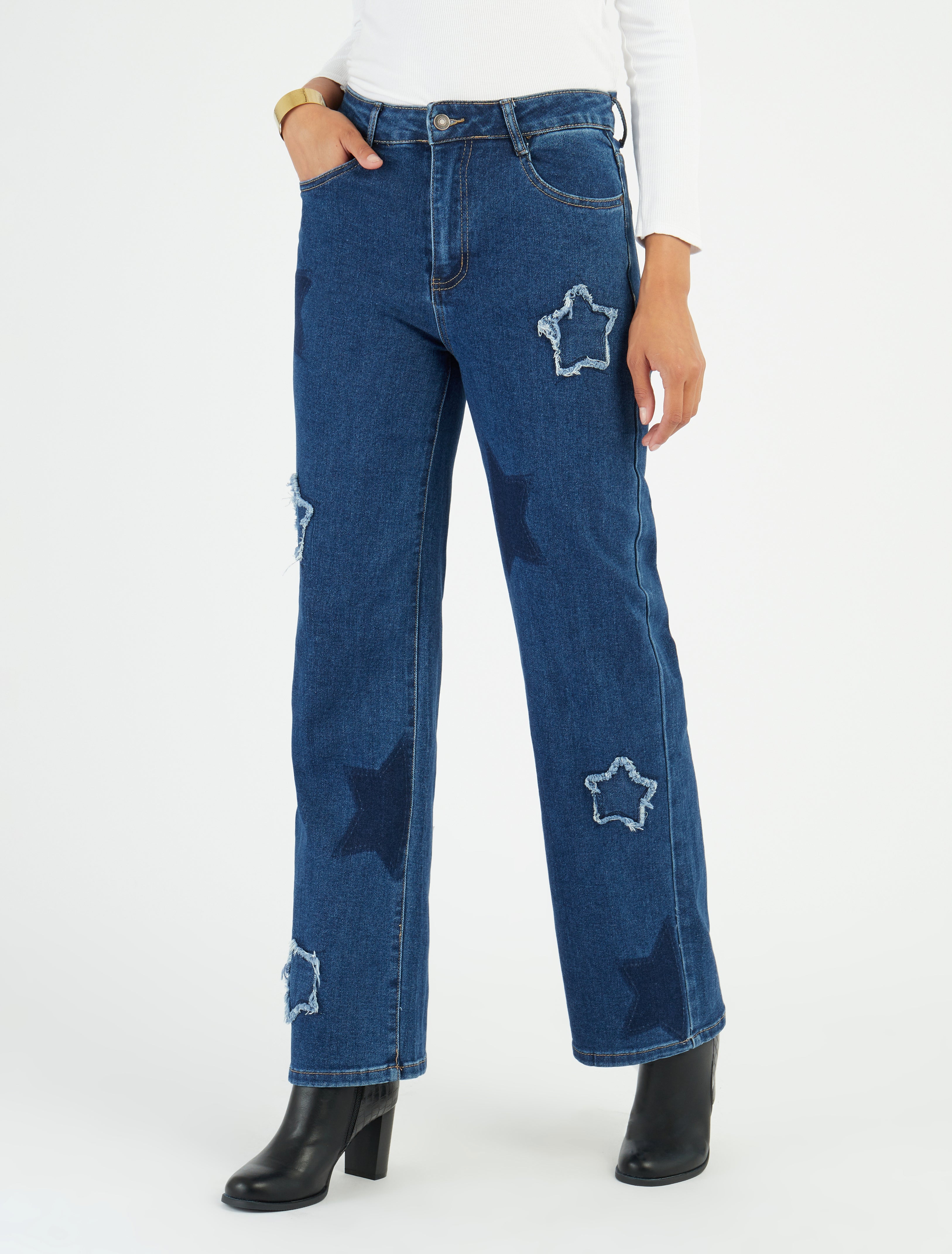 Jean droit taille haute imprimé étoiles - Bleu