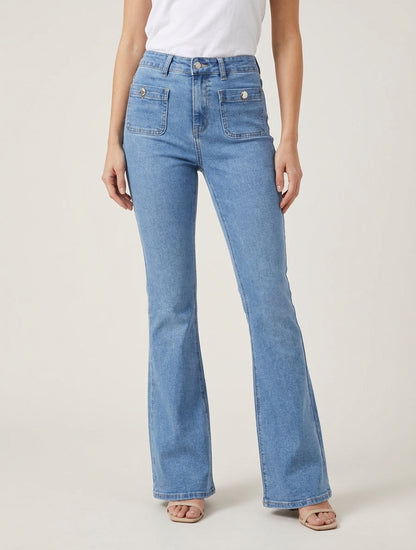 Jean flare taille haute à boutons - Bleu clair