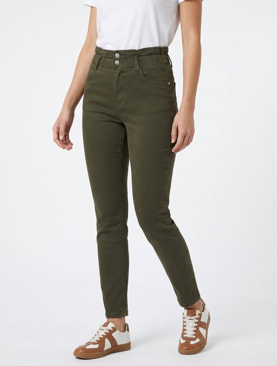 Jean mom taille haute élastiquée - Kaki